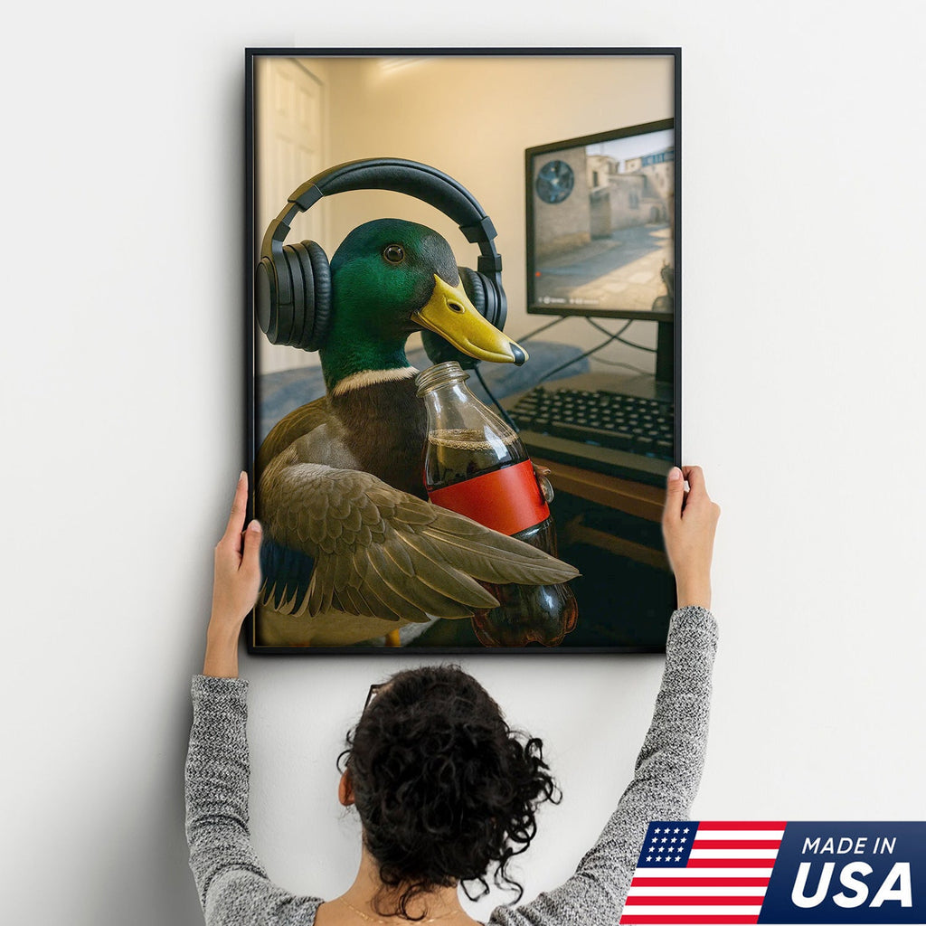 Funny Gamer Duck Canvas Wall Art, Mallard With Headphones and Soda