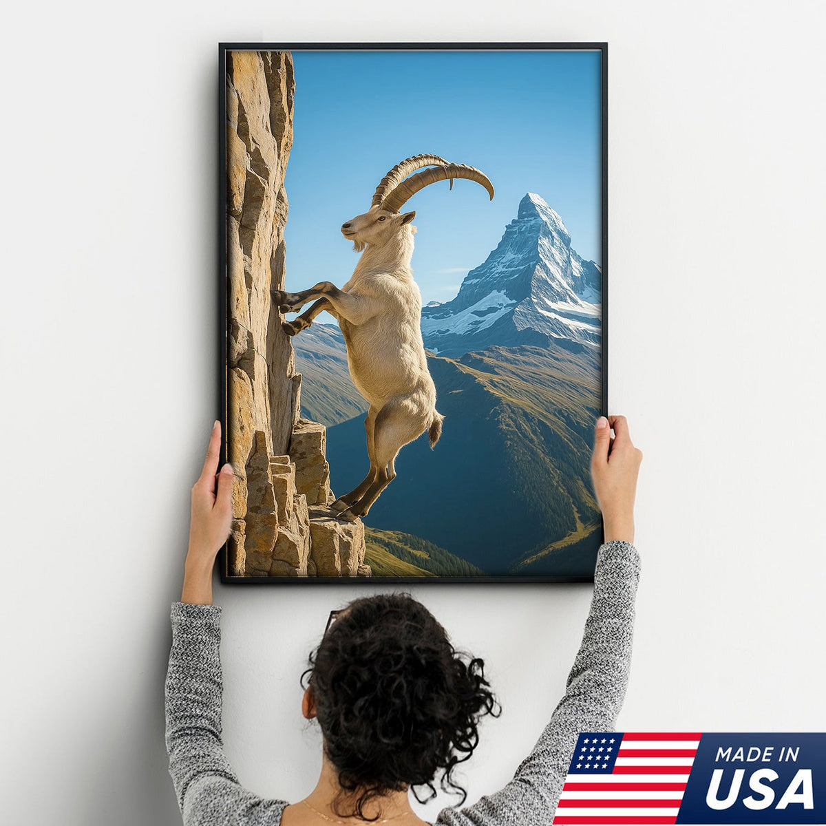 Alpine Ibex Climbing Cliff Canvas Wall Art, Matterhorn Mountain Landscape Print