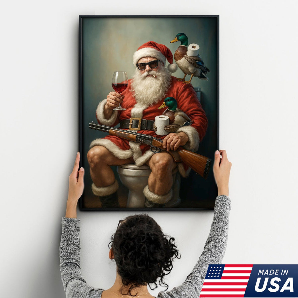 Santa Duck Hunting Christmas Canvas – Funny Holiday Wall Art for Rustic Cabin Bathroom Decor