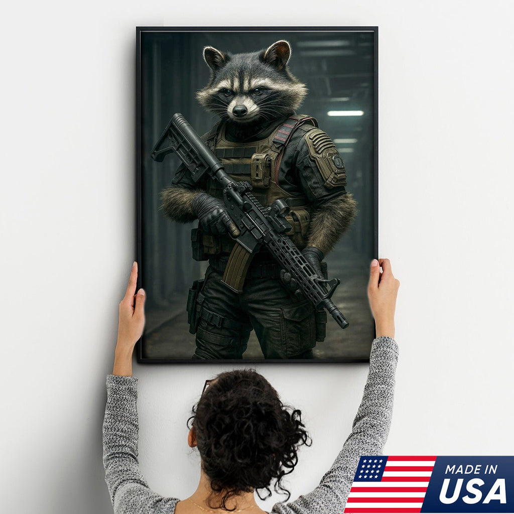 Tactical Raccoon Canvas Art – Elite Armored Trash Panda Warrior