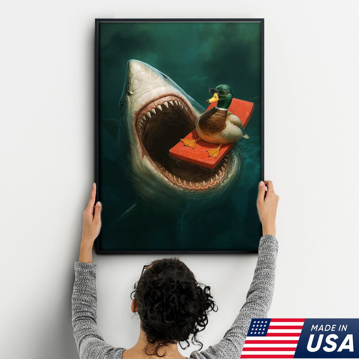 Funny Duck Shark Canvas Wall Art, Fearless Sunglasses Duck Floating Above Shark Jaws Print