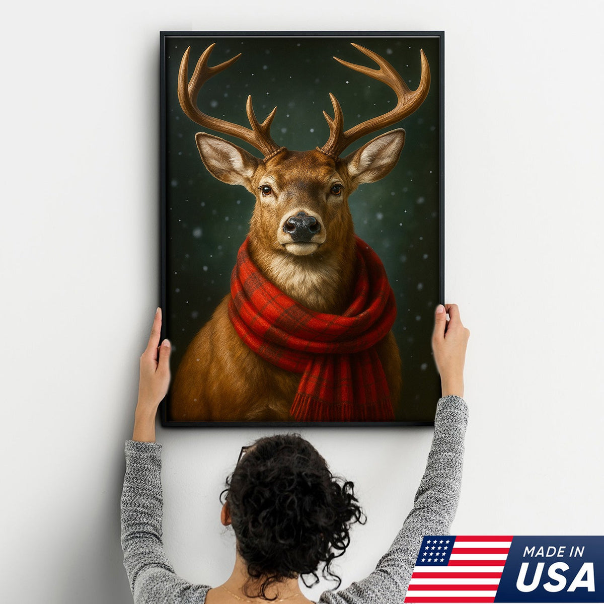 Winter Buck in Red Scarf – Christmas Cabin Wall Art, Rustic Christmas Decor