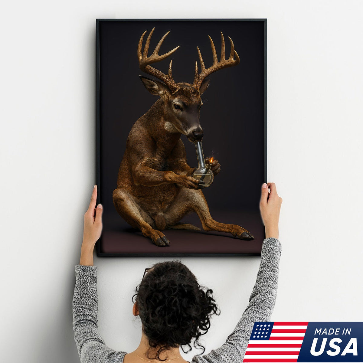 Funny Deer Smoking Canvas, Hilarious Buck Wall Art, Rustic Cabin Decor for Hunters and Humor Lovers