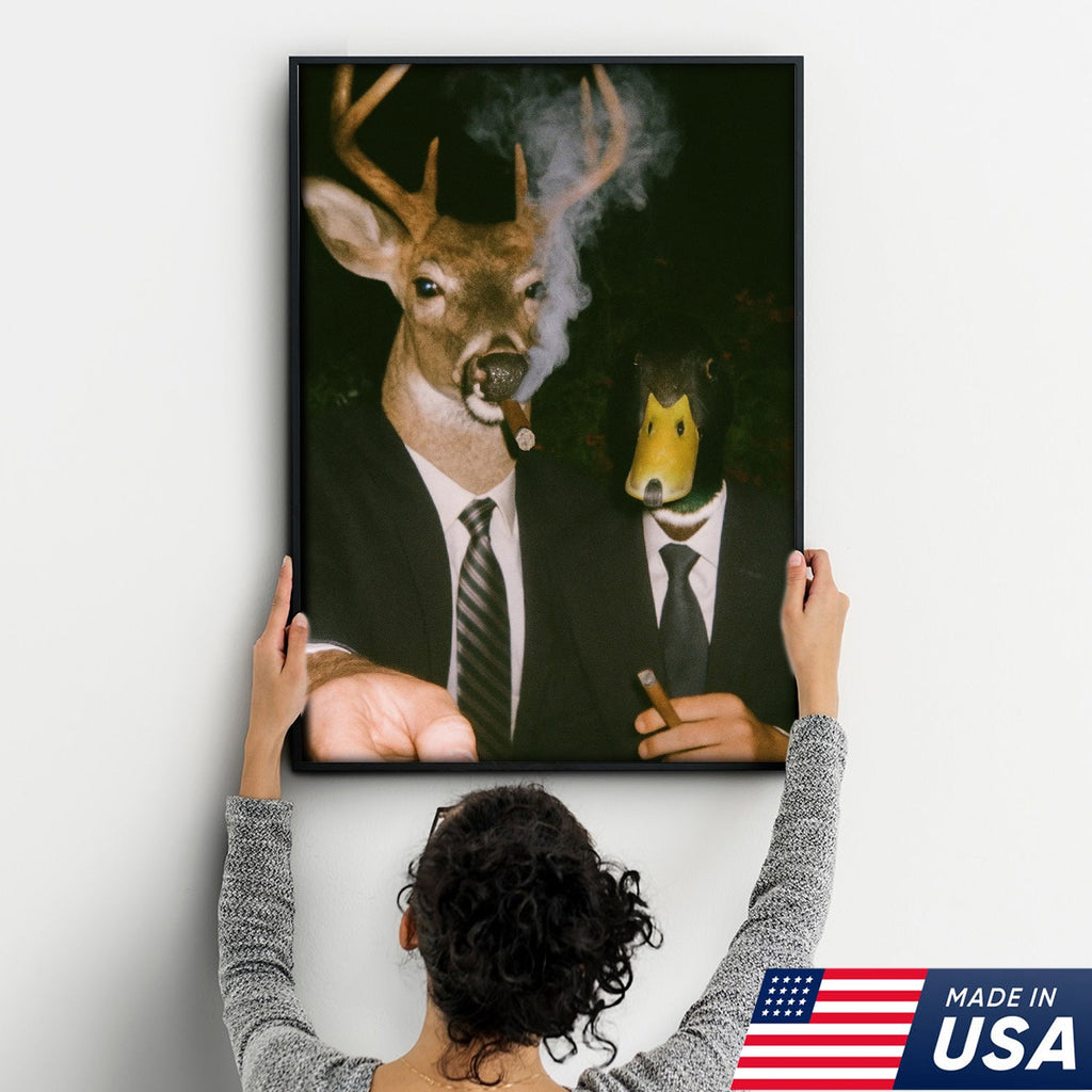Funny Deer and Duck Canvas Wall Art - Hilarious Animal Duo in Suits