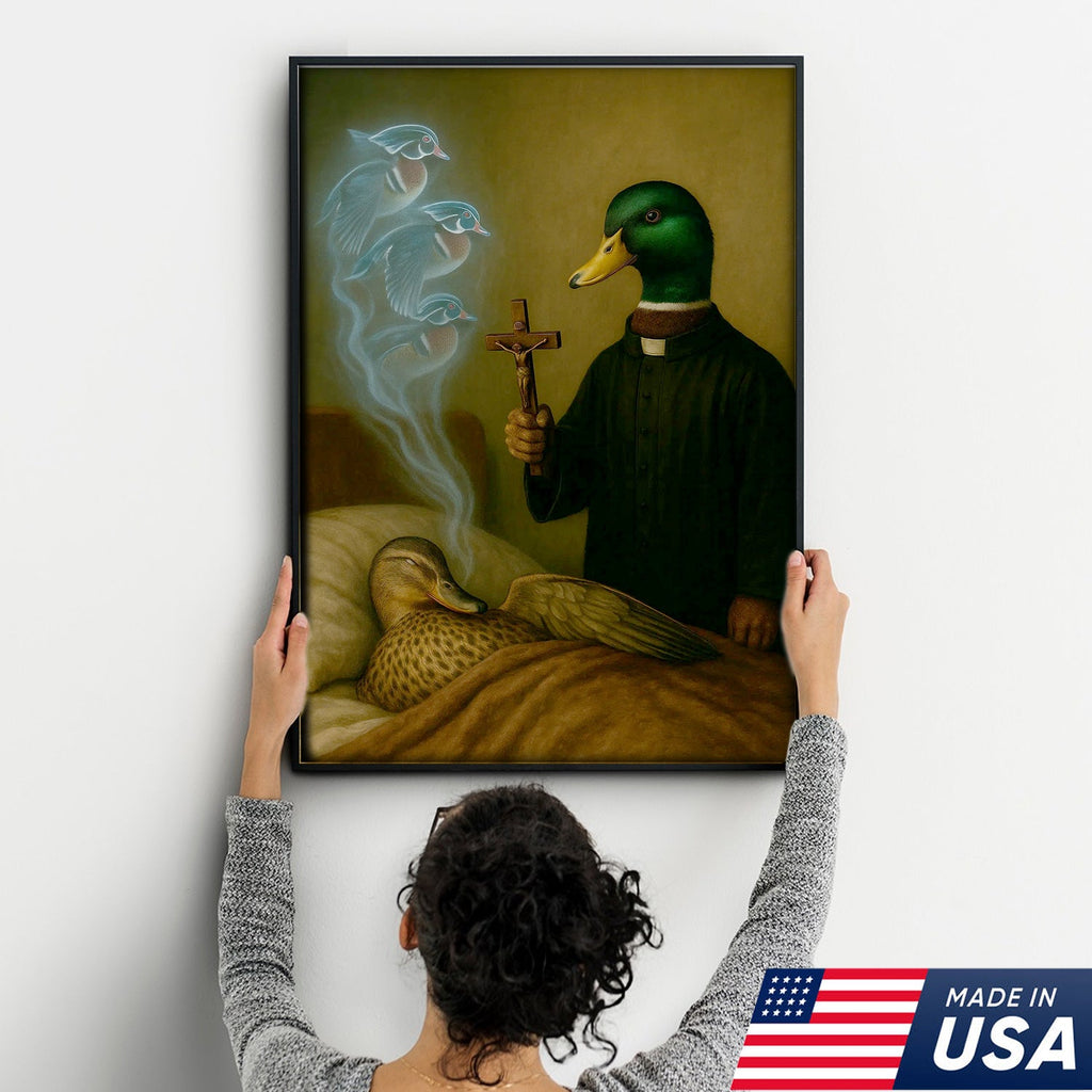 Priest Duck Canvas Wall Art, Surreal Animal Artwork, Funny Dark Humor Painting, Unique Gift for Hunters or Art Collectors