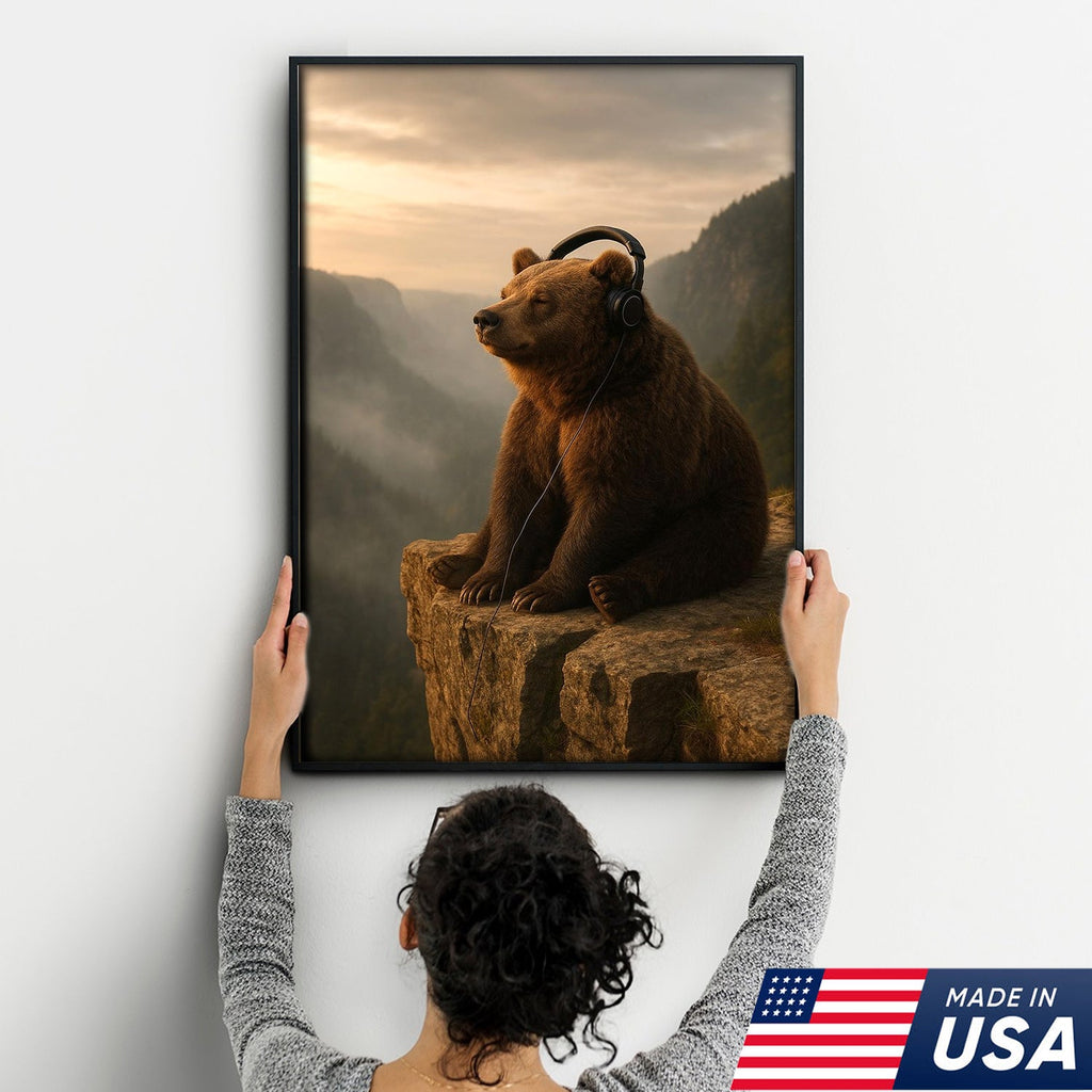 Funny Bear Wall Art, Chill Bear Canvas, Bear with Headphones Art