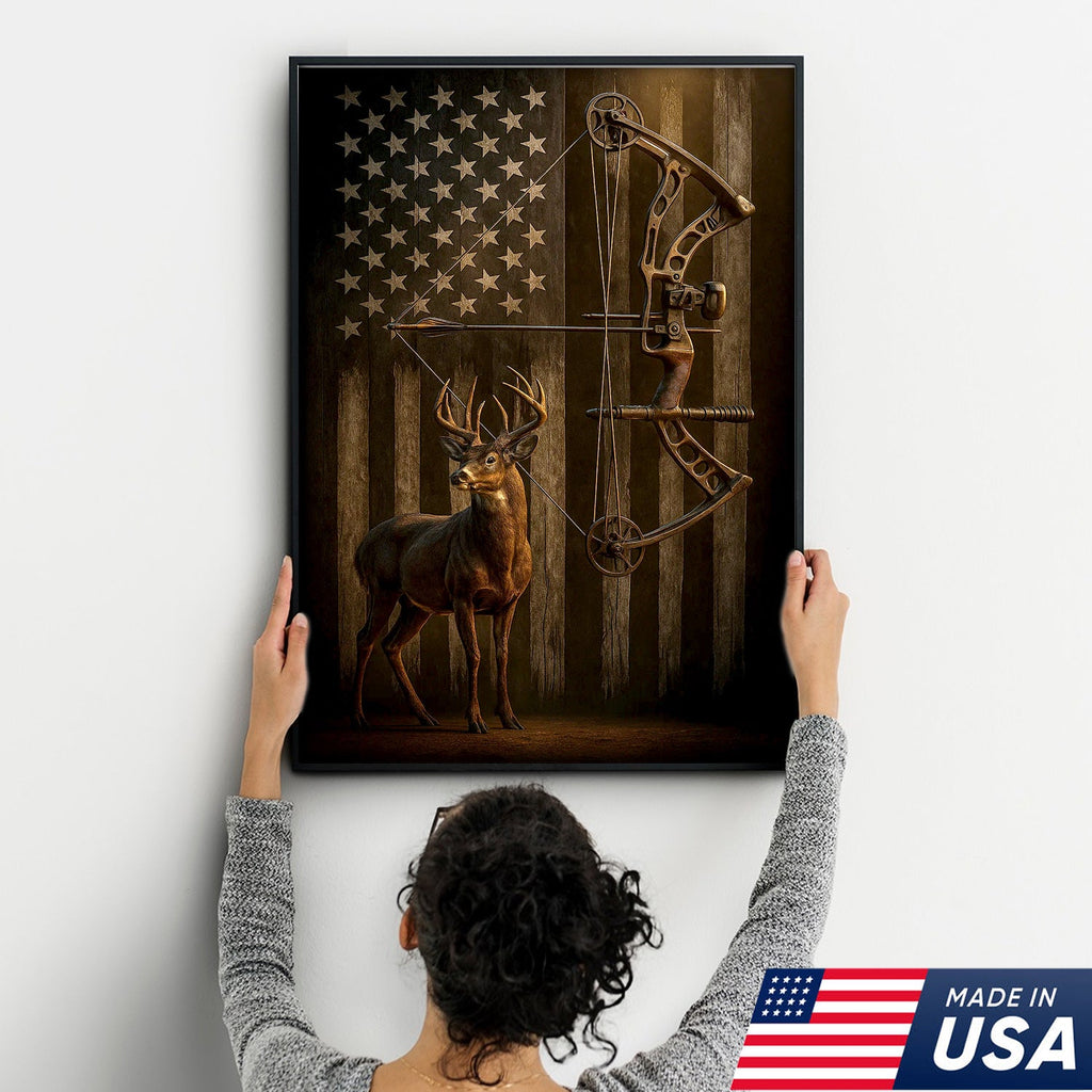 Deer and Bow American Flag Canvas Wall Art — Patriotic Hunting Decor Featuring Buck and Compound Bow