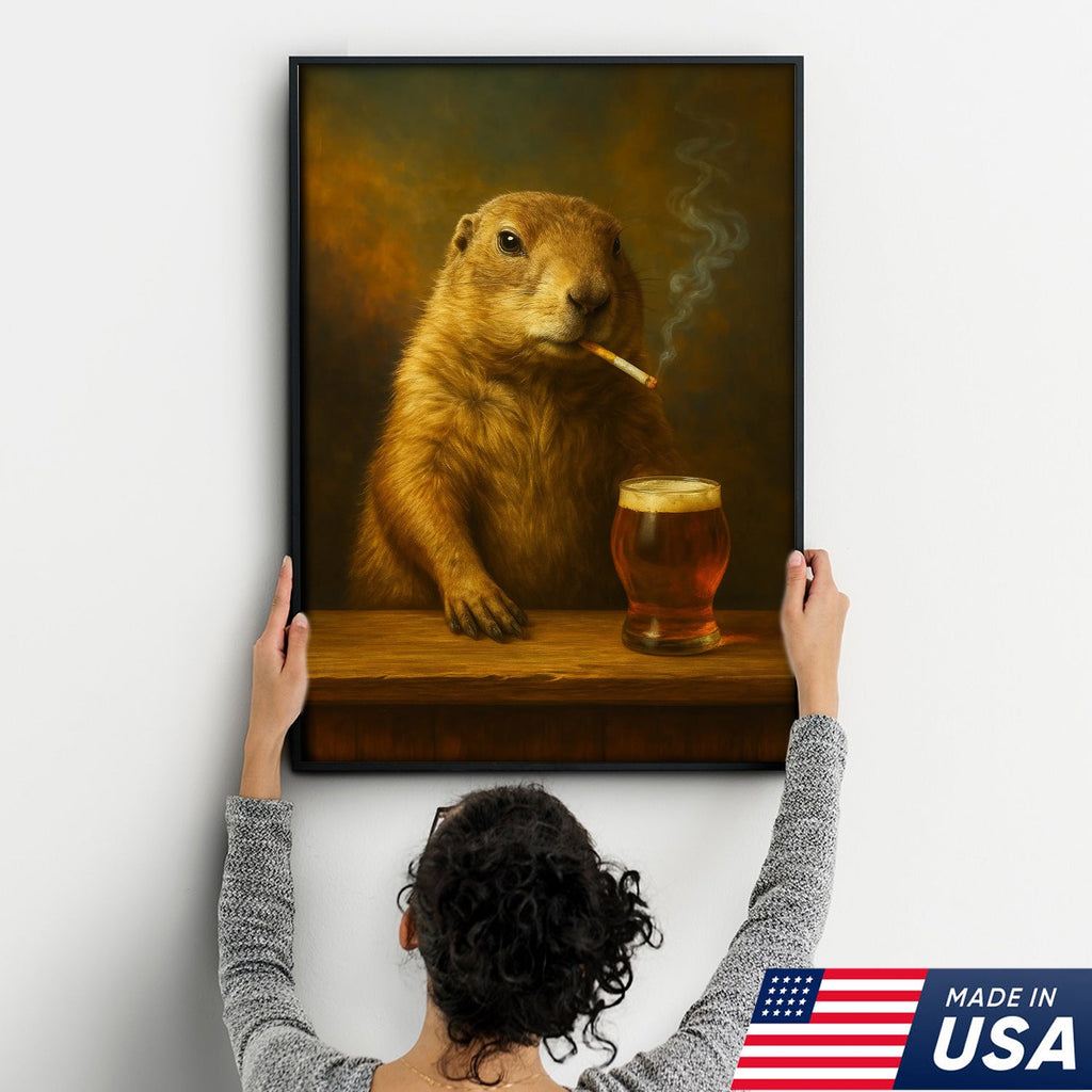 Rustic Prairie Dog Canvas Wall Art – Funny Wildlife Bar Scene with Beer – Hunting Cabin Decor