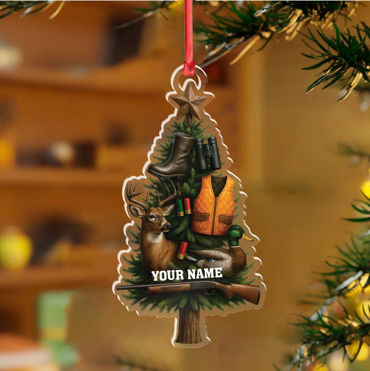 Custom Name Hunting Christmas Tree Ornament, Deer & Duck Hunter Decor, Personalized Outdoorsman Gift