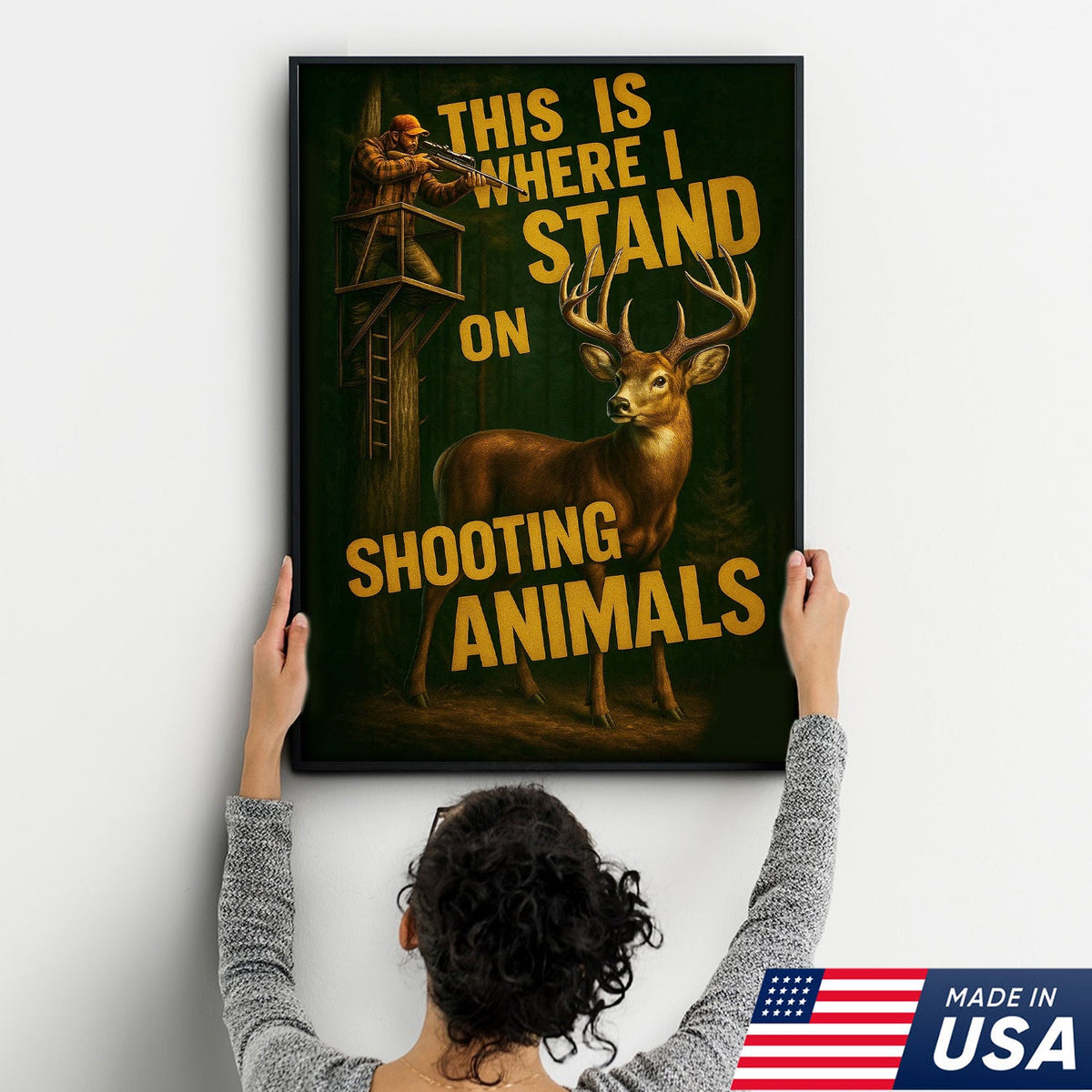 Deer Hunting Canvas Wall Art – Hunter in Tree Stand with Quote “This Is Where I Stand”