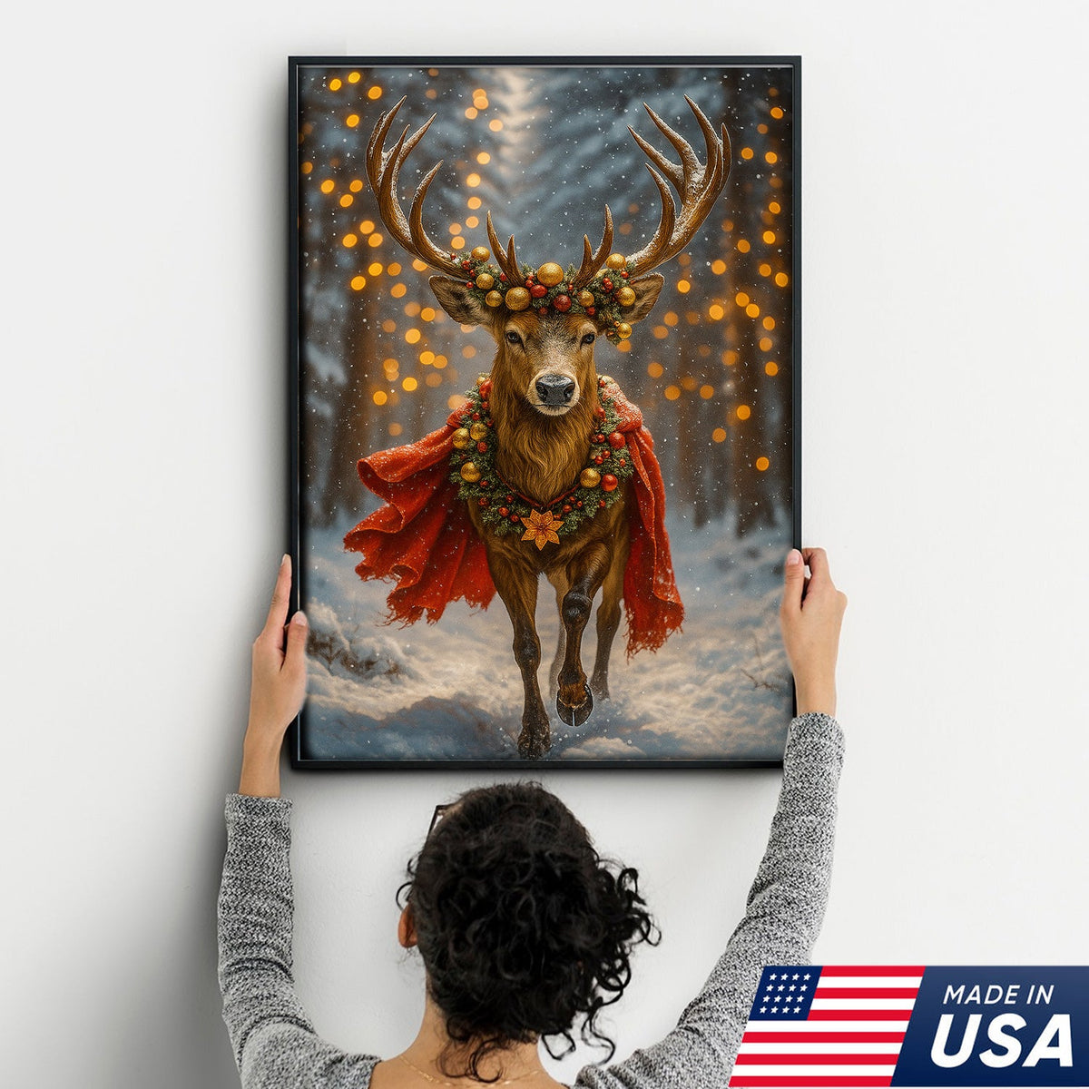 Majestic Christmas Deer Art Canvas – Holiday Forest Decor with Wreath & Red Cape