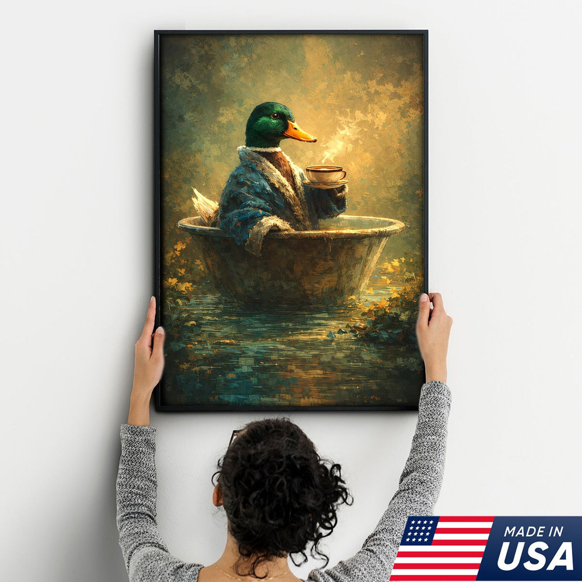 Whimsical Duck Coffee Bath Canvas Wall Art, Cozy Animal Painting