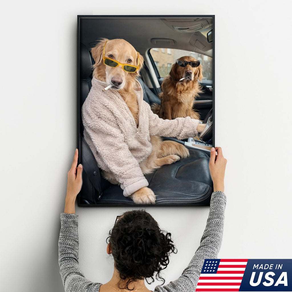 Funny Dog Driving Car Canvas Wall Art, Cool Golden Retriever Duo Portrait