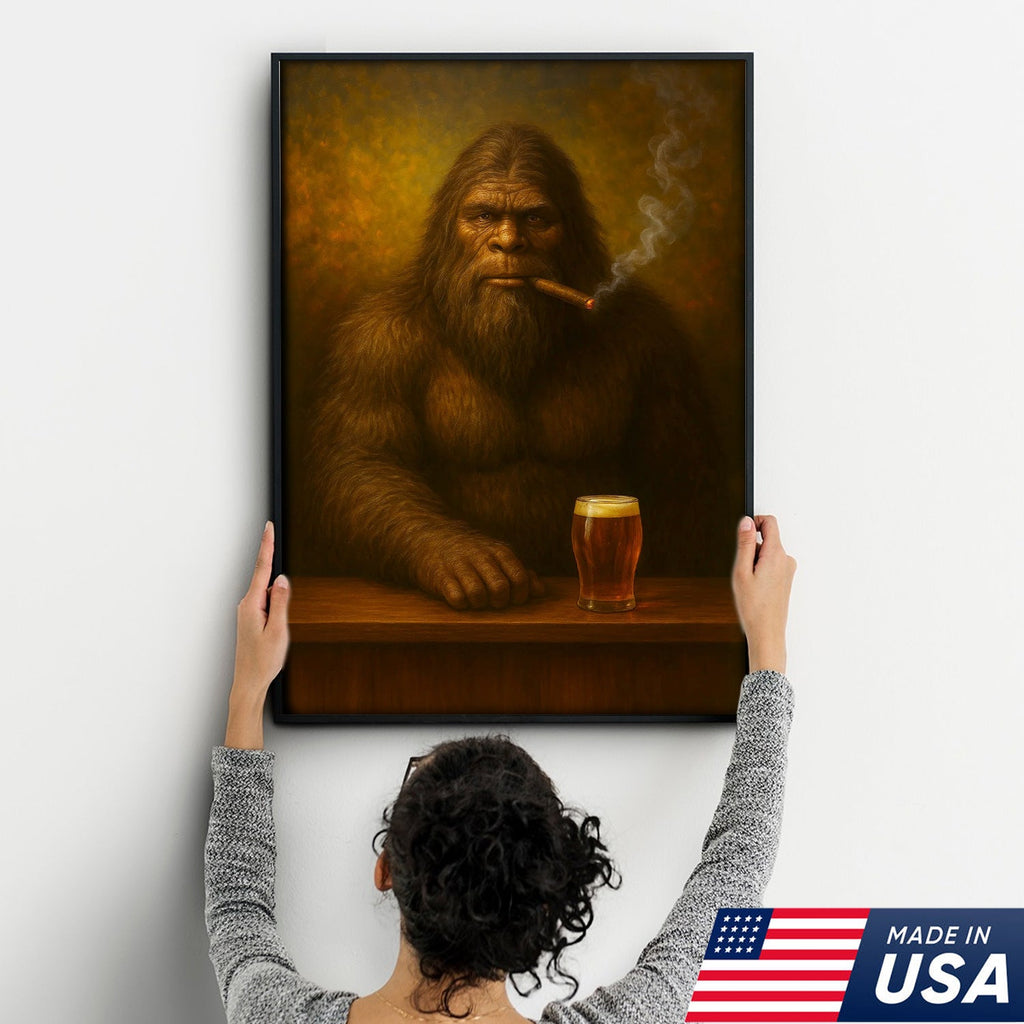 Funny Bigfoot Wall Art Canvas – Funny Sasquatch Smoking & Beer Canvas, Hunting Cabin & Man Cave Decor