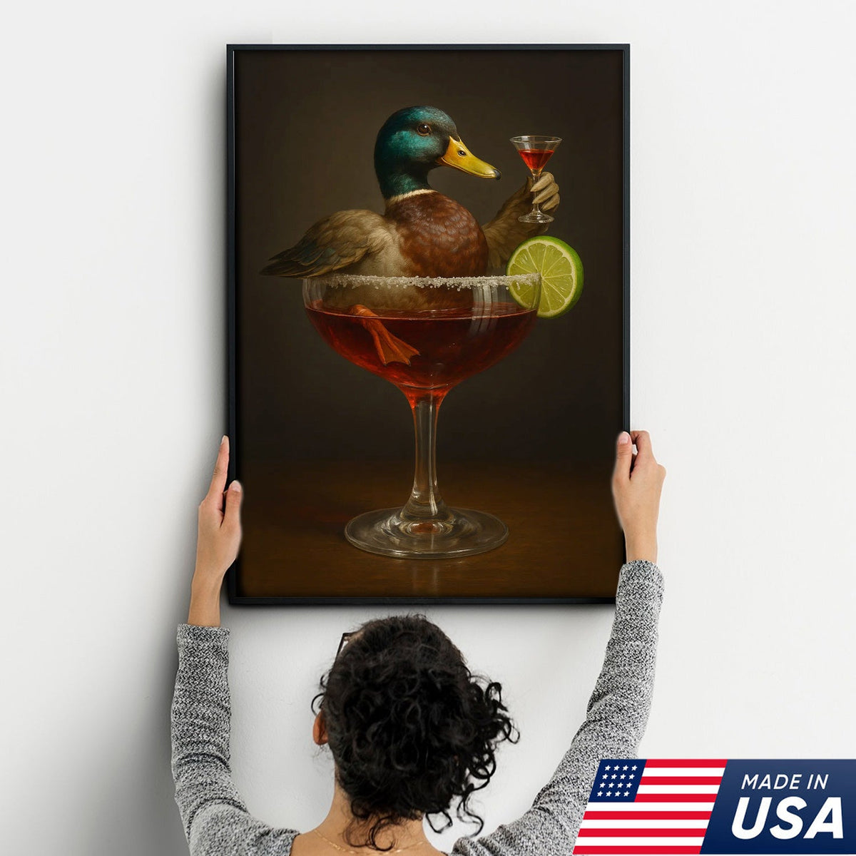 Funny Mallard Duck Canvas Wall Art - Quirky Animal in Cocktail Glass Design