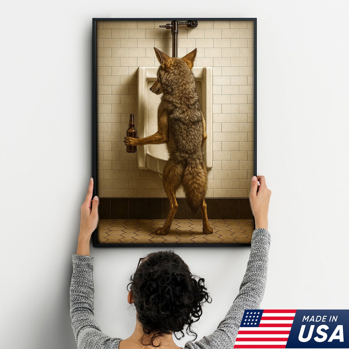 Hilarious Coyote Canvas Wall Art – Funny Bathroom Humor Decor – Rustic Hunting Cabin Gag Gift