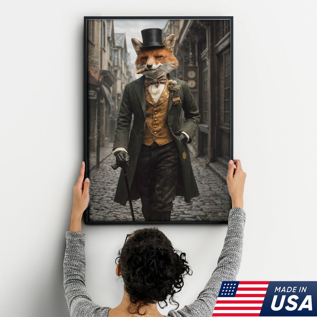 Victorian Gentleman Fox Canvas Wall Art, Elegant Anthropomorphic Fox Illustration