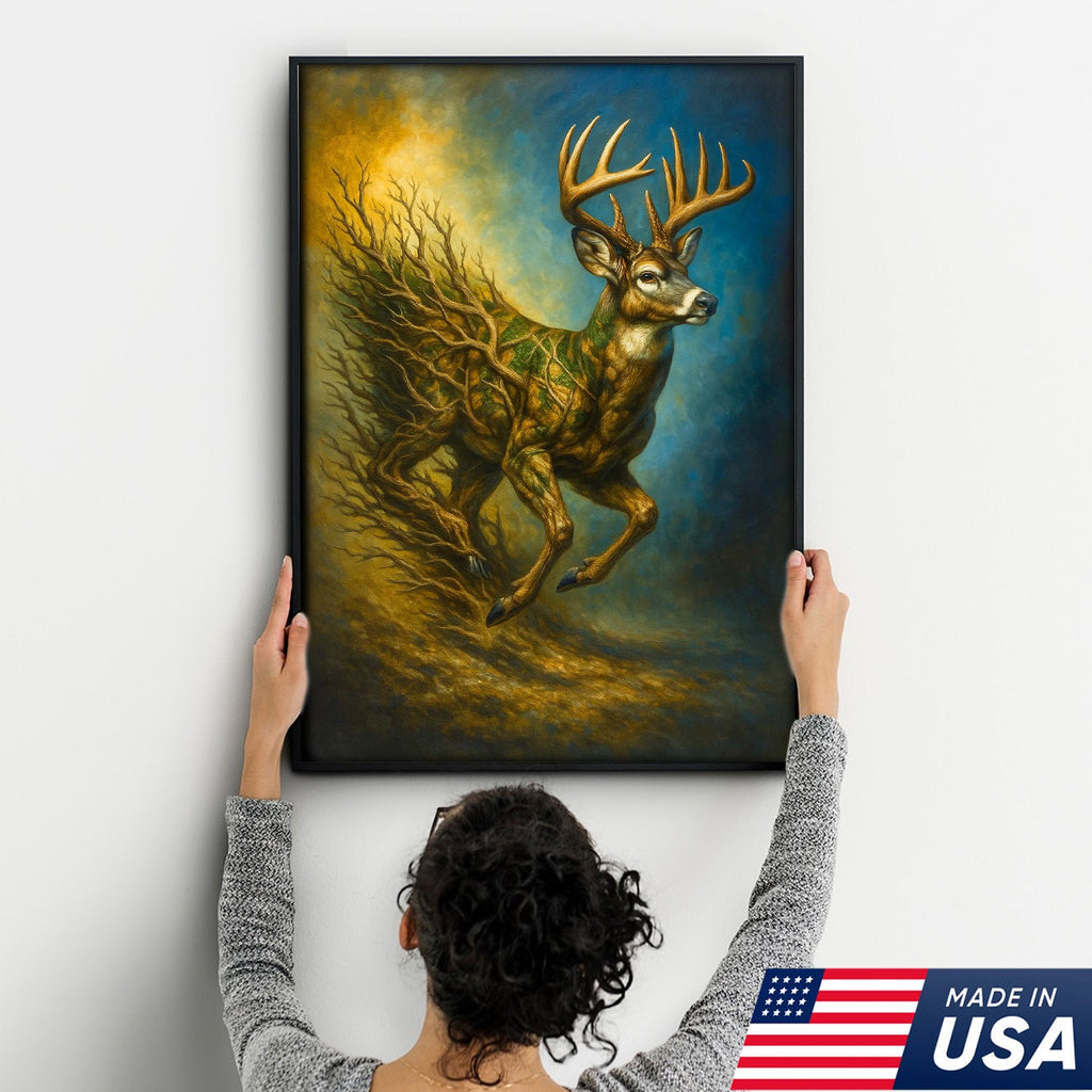Majestic Deer Canvas Wall Art – Surreal Wildlife Nature Scene – Rustic Lodge and Cabin Decor