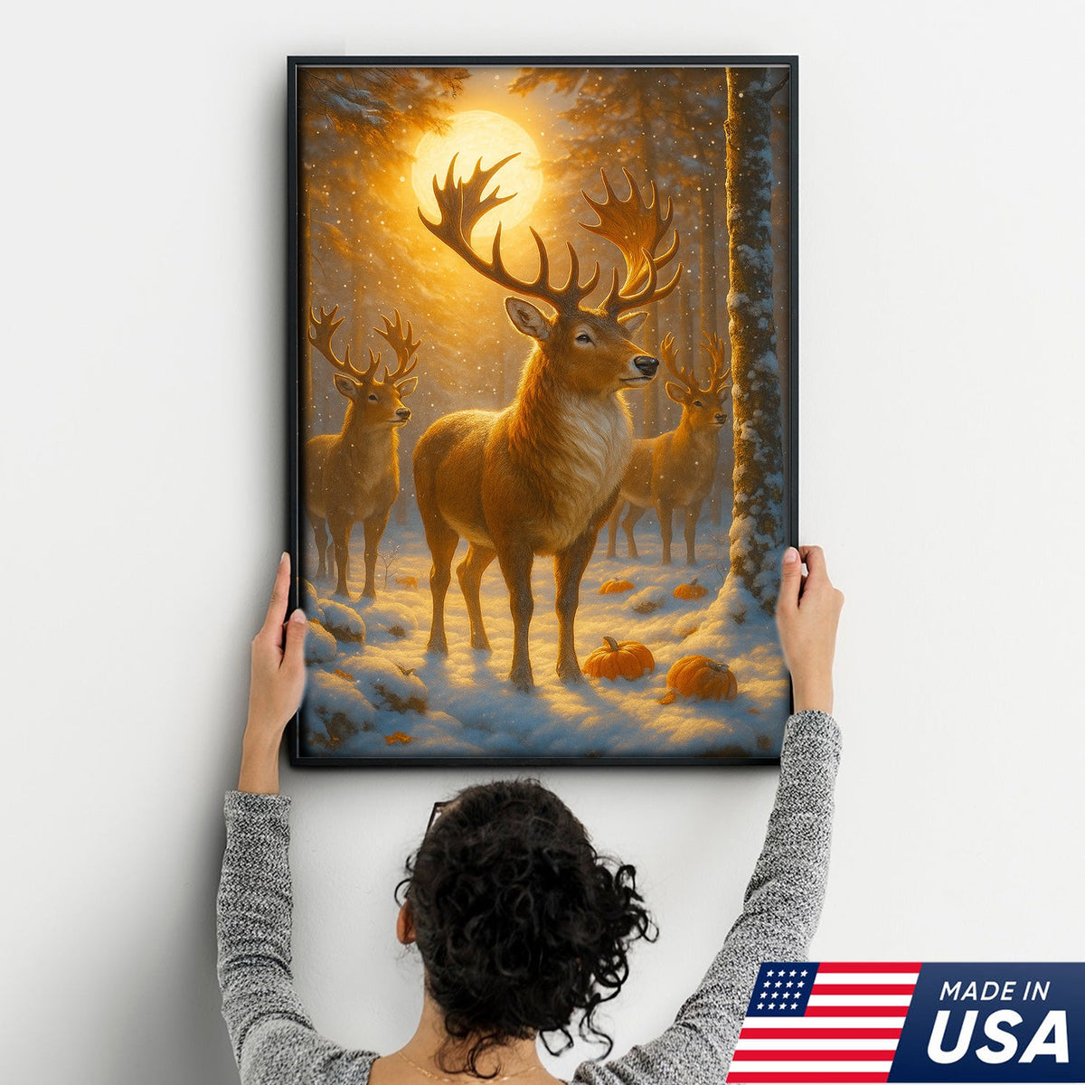 Majestic Winter Buck Under the Harvest Moon Canvas – Rustic Wildlife Wall Art