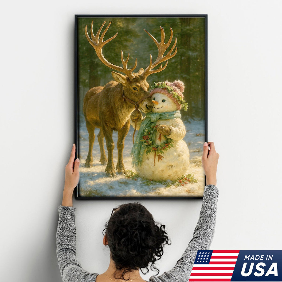 Reindeer and Snowman Friends Christmas Canvas Wall Art, Whimsical Winter Forest Holiday Print