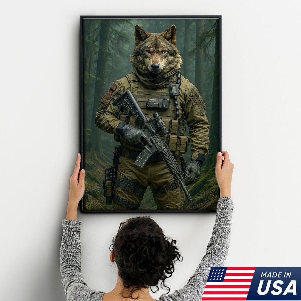 Tactical Wolf Canvas Art – Elite Armored Wolf Warrior in Forest