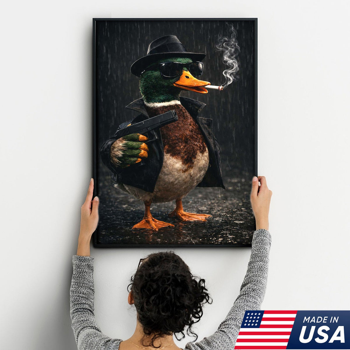 Noir Gangster Duck Canvas Wall Art, Dark Cinematic Animal Illustration