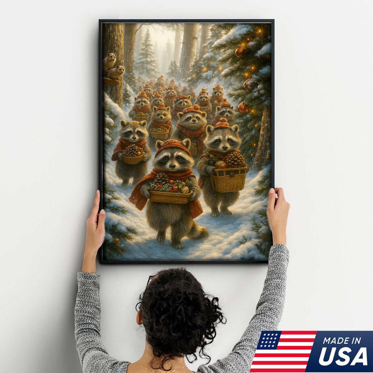 Raccoon Christmas Parade Canvas – Cozy Winter Woodland Wall Art