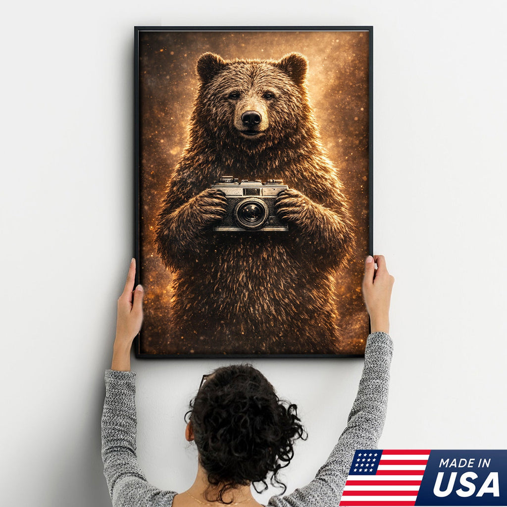 Funny Bear Photographer Wall Art Canvas – Rustic Wildlife Camera Canvas Print Decor