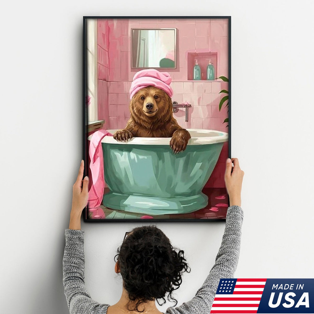 Funny Bear Bathroom Wall Art, Cute Bath Bear Canvas, Pink Bathroom Decor