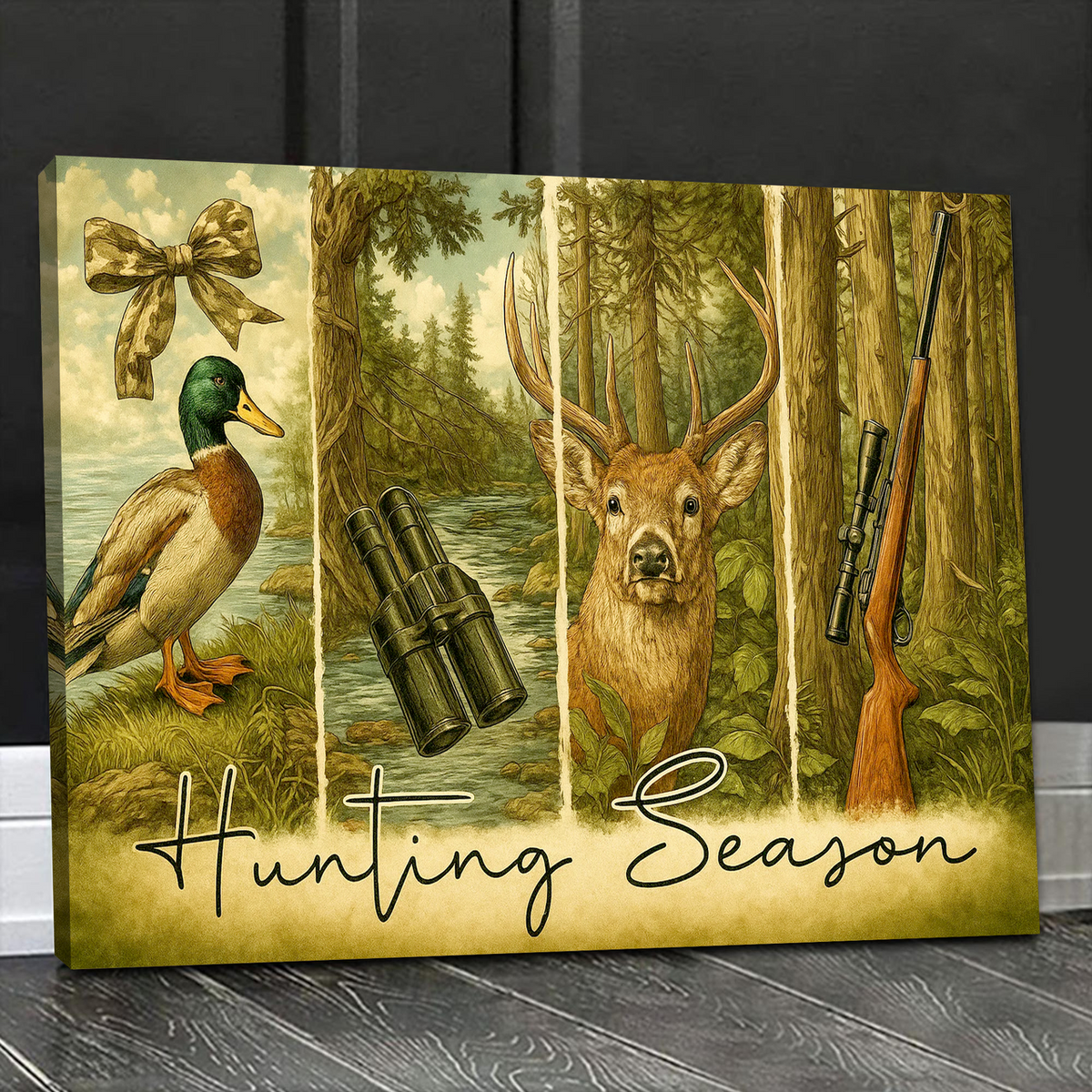 Hunting Season Canvas Wall Art, Deer and Duck Vintage Wildlife Scene