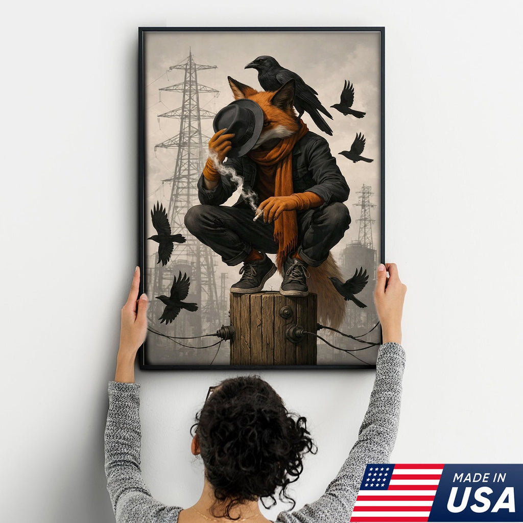 Urban Fox and Raven Canvas Wall Art, Industrial Fantasy Fox Illustration