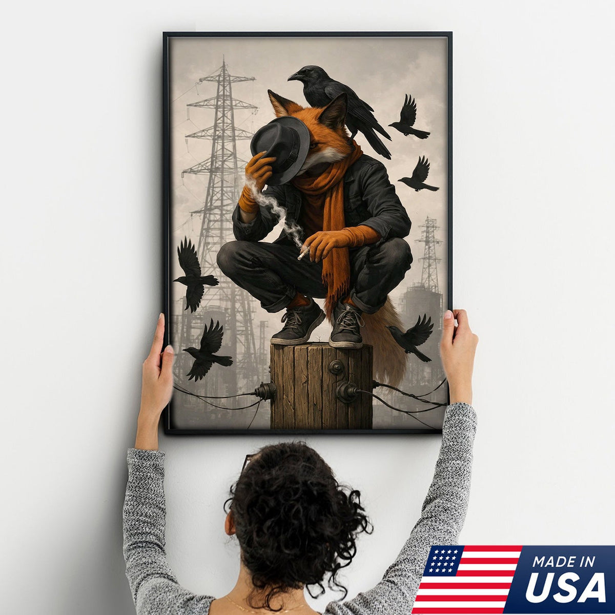 Urban Fox and Raven Canvas Wall Art, Industrial Fantasy Fox Illustration
