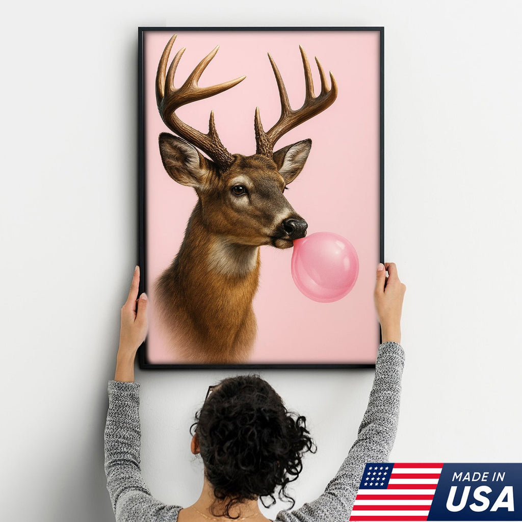 Funny Deer Blowing Bubblegum Wall Art – Modern Animal Canvas Print for Living Room