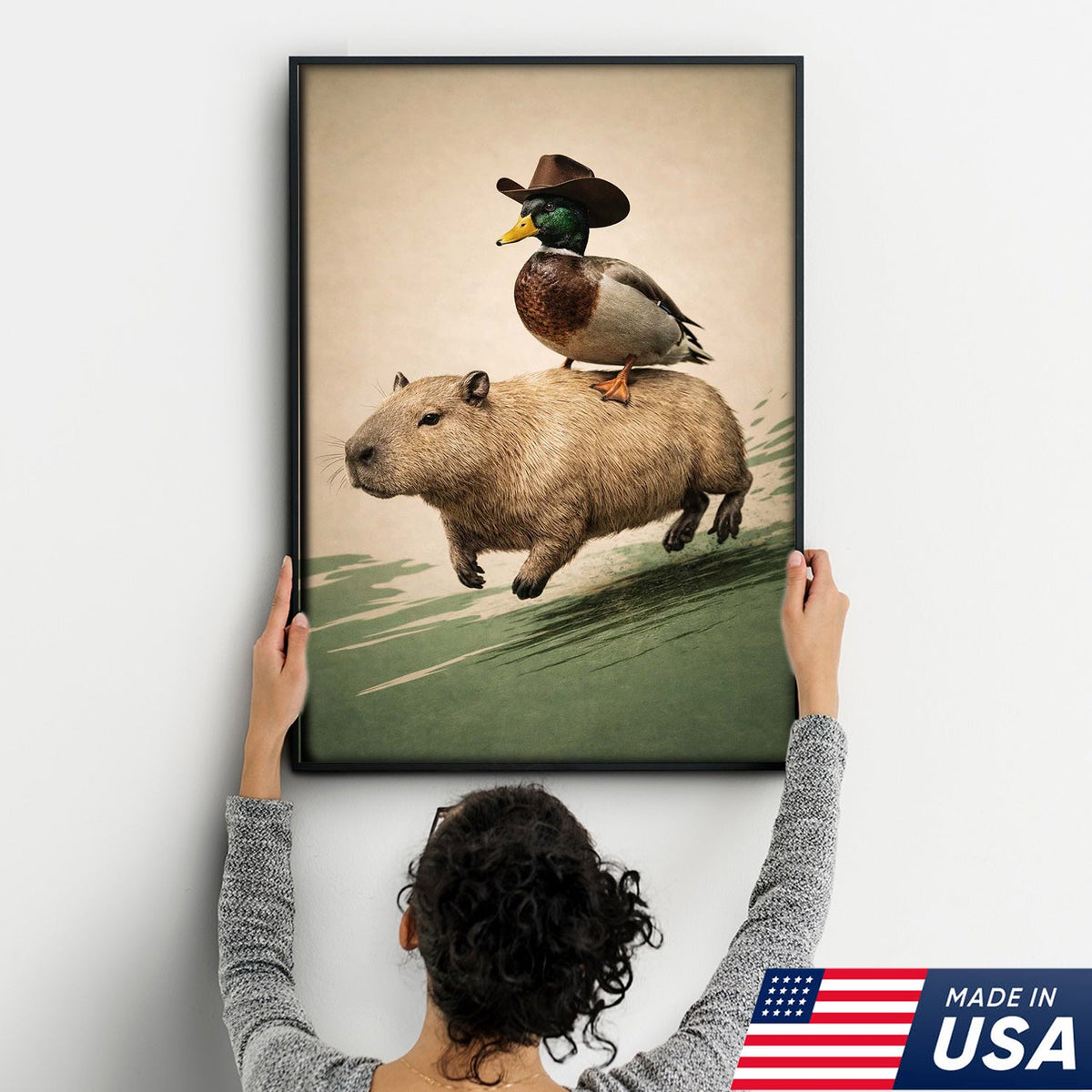 Whimsical Cowboy Duck Riding Capybara Canvas Wall Art, Surreal Animal Adventure Painting