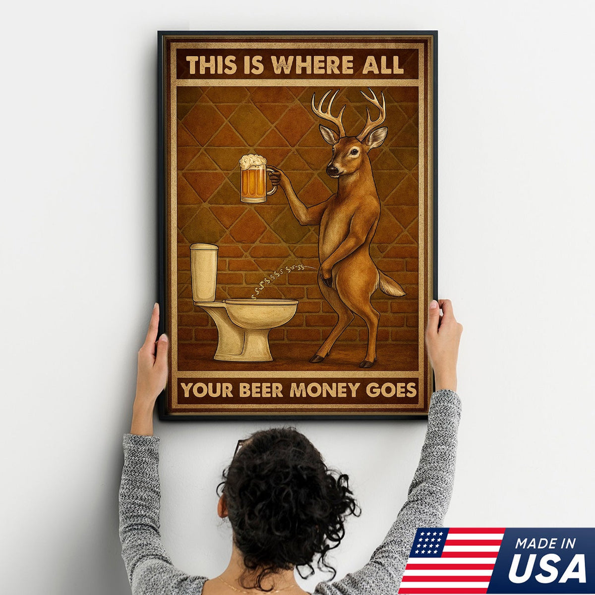 Funny Deer Beer Canvas Wall Art – Rustic Hunting Lodge Bar Decor Gift for Hunters & Beer Lovers
