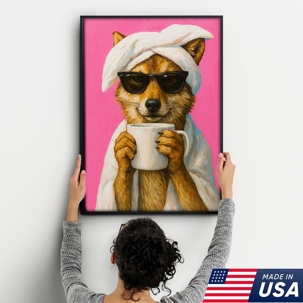 Funny Fox Drinking Coffee Wall Art – Modern Animal Canvas Print for Kitchen