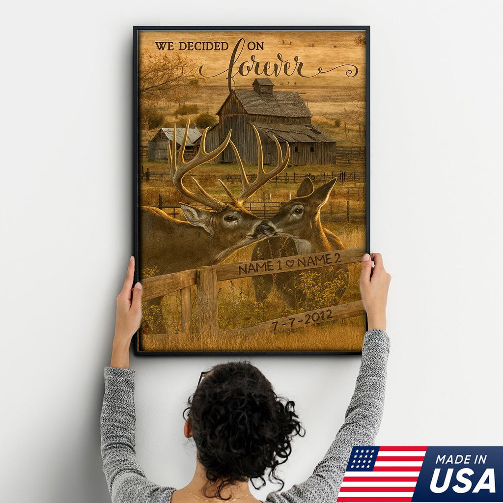 Rustic Deer Couple Canvas Art – Personalized Farmhouse Buck & Doe Kissing Scene