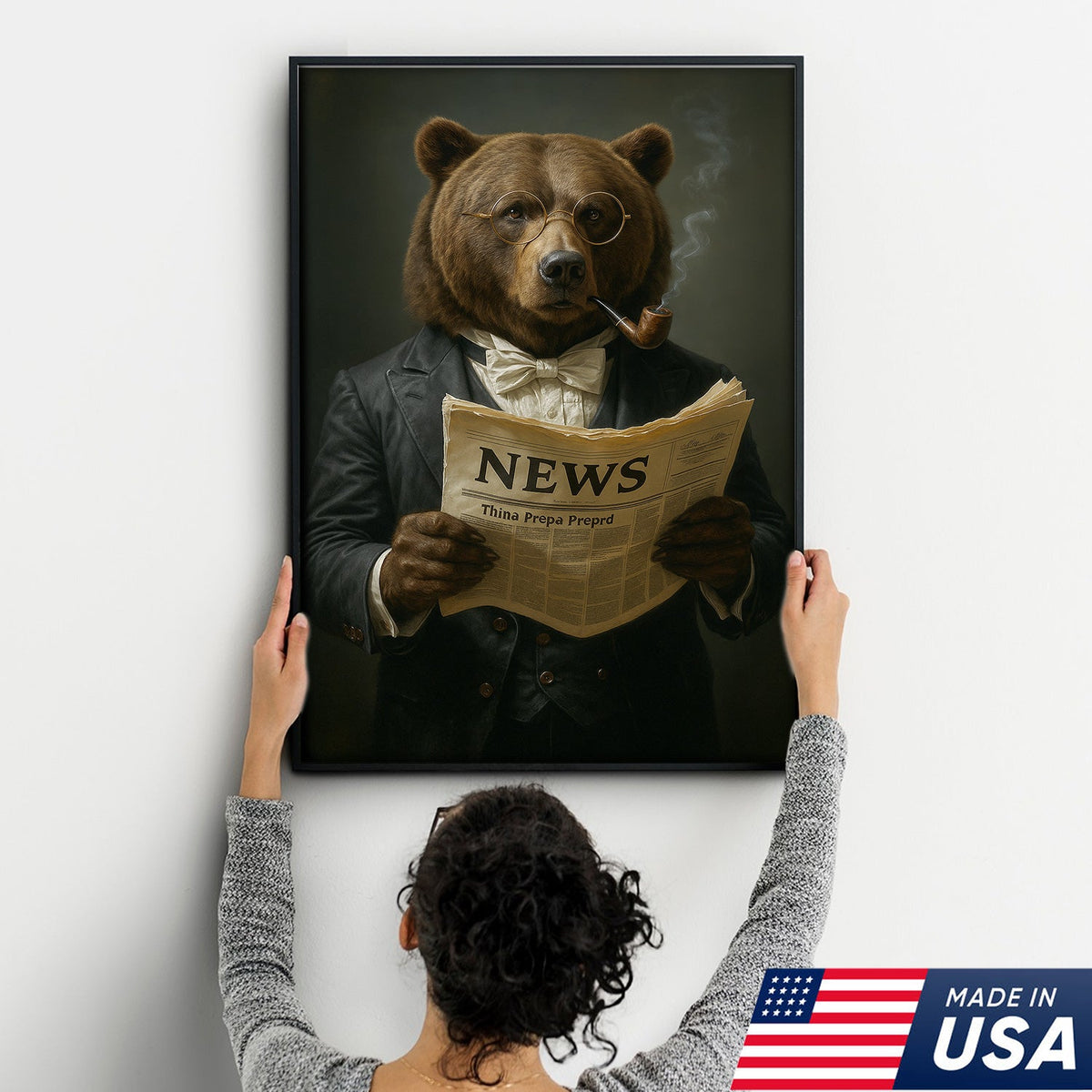 Bear Reading Newspaper Canvas Wall Art – Vintage Gentleman Bear Wall Decor for Home & Office