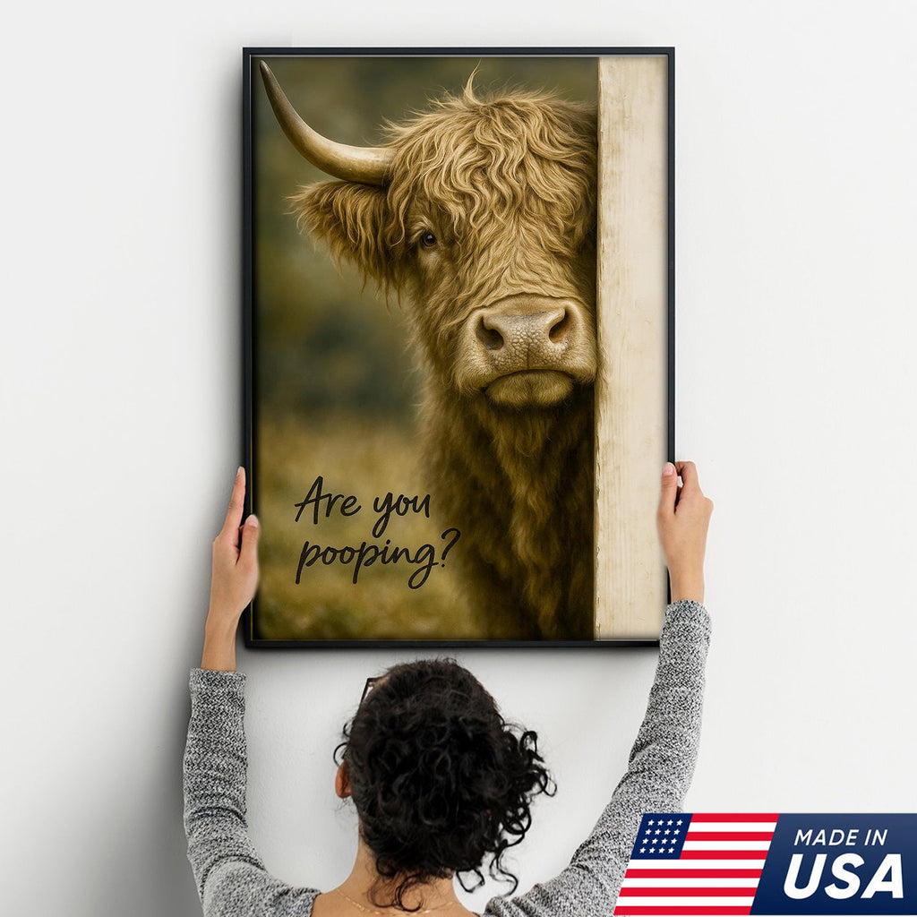Highland Cow Bathroom Wall Art, Funny “Are You Pooping?” Farmhouse Canvas