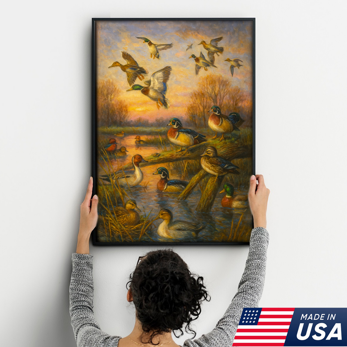 Duck Hunting Canvas Wall Art – Oil Painting Style Waterfowl at Sunset Rustic Lodge Decor
