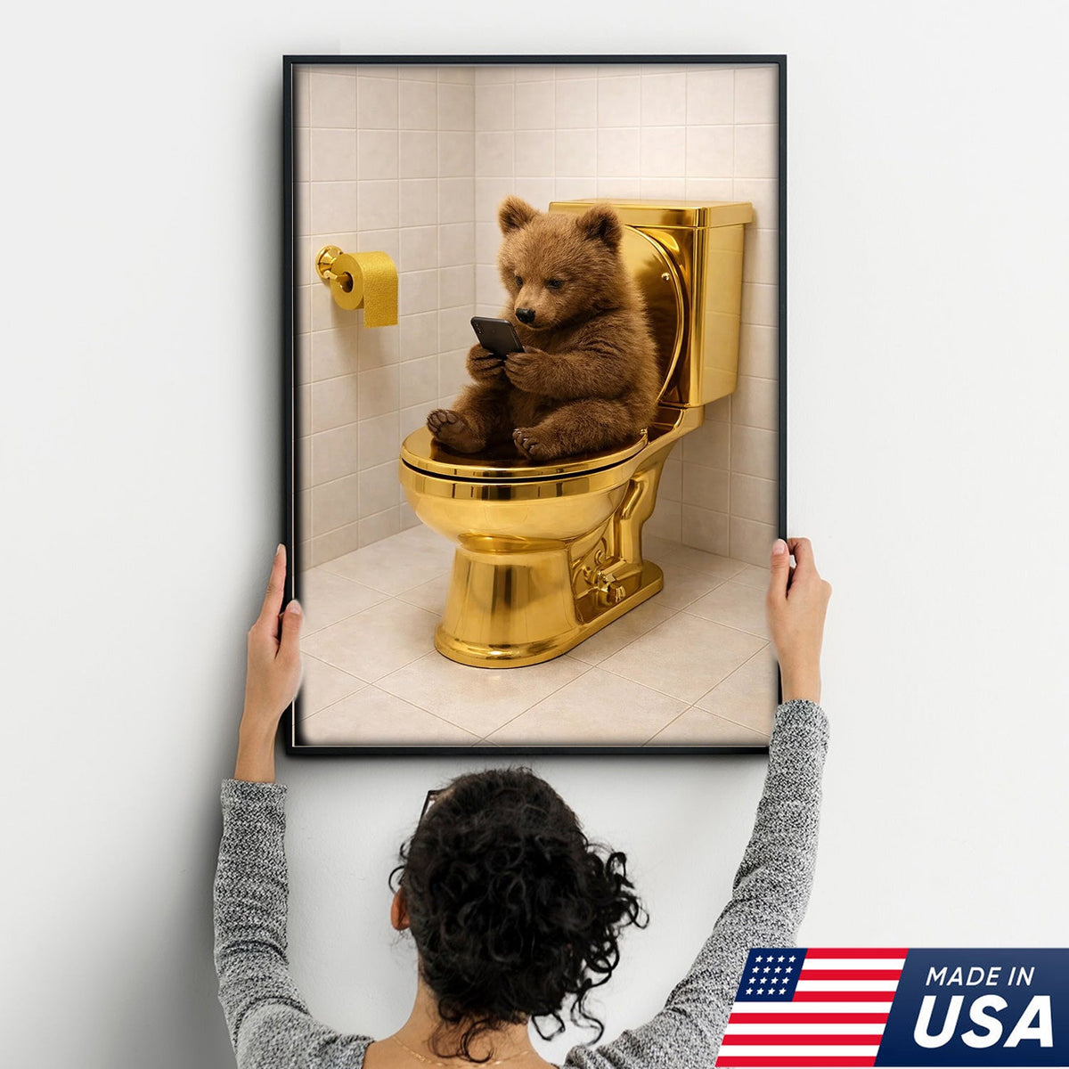 Funny Bear on Golden Toilet Canvas Wall Art, Cute Animal Bathroom Humor Illustration