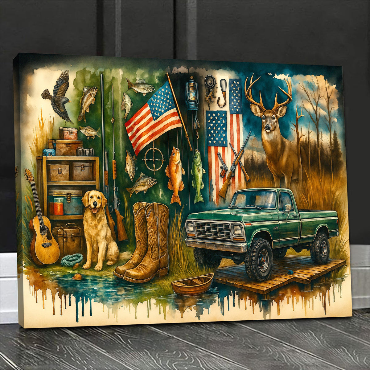 Country Boy Canvas Wall Art, Rustic Hunting and Fishing Scene with Truck, Dog, Deer, and American Flag