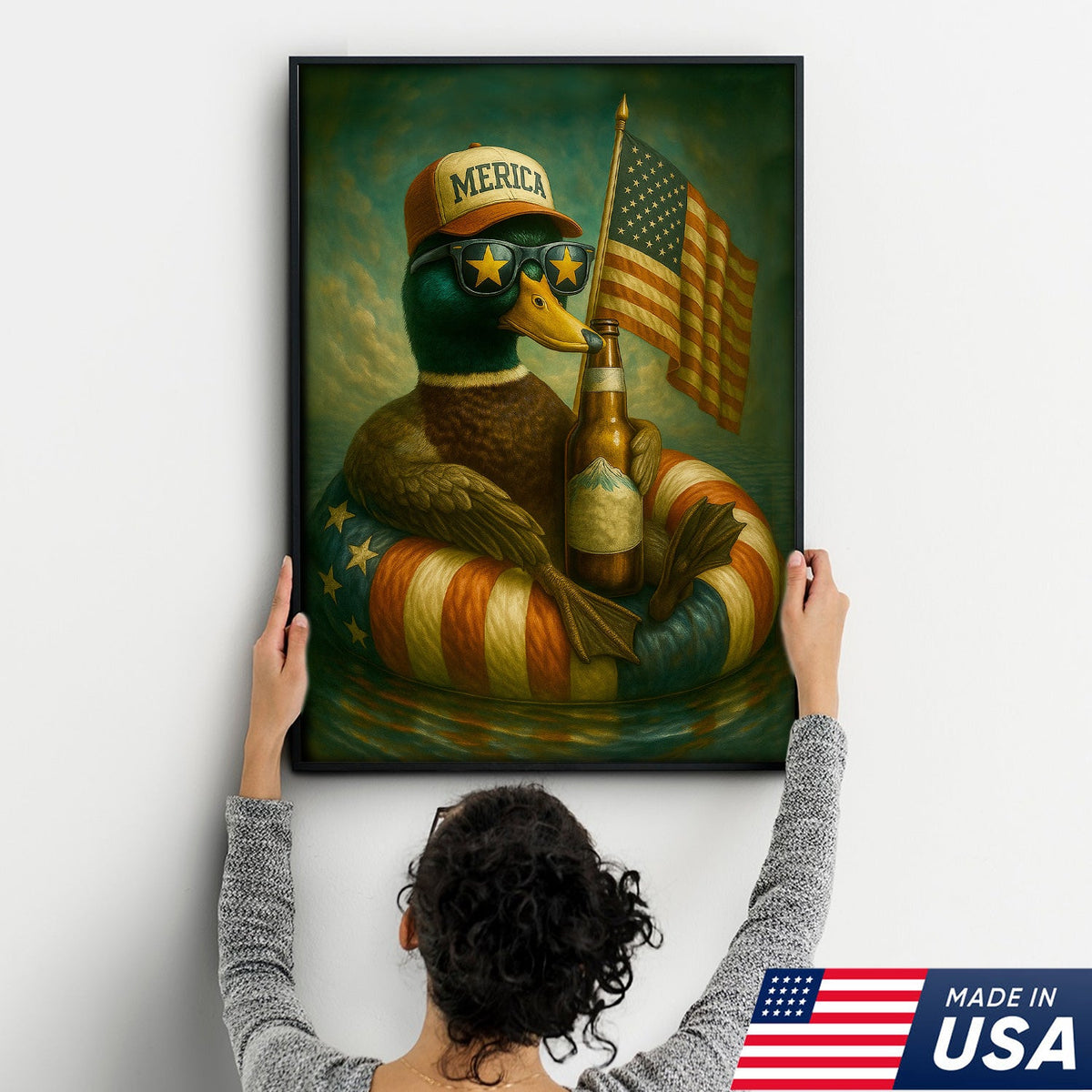 Funny Patriotic Duck Canvas Wall Art – Rustic American Flag Decor Gift for Hunters & Beer Lovers