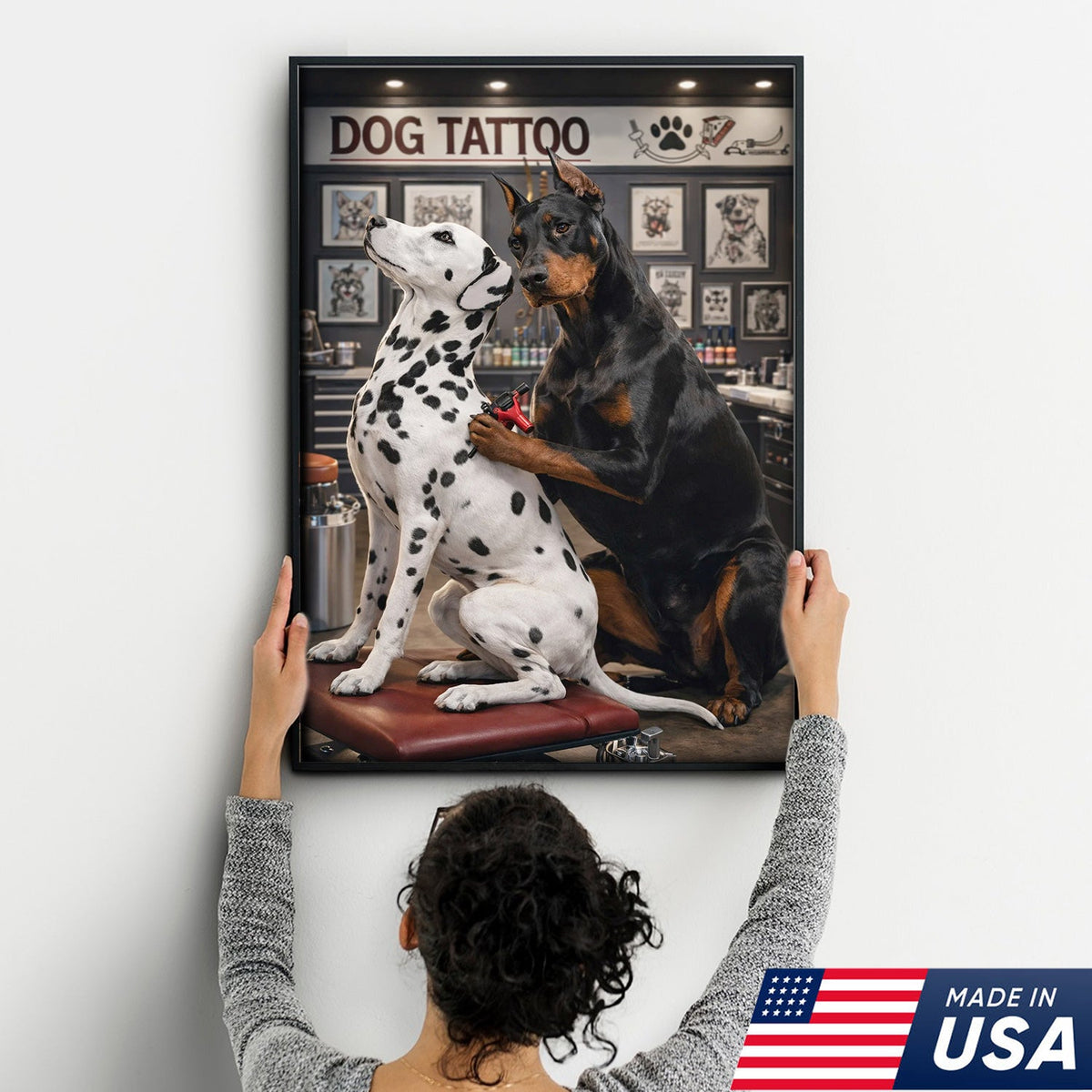 Funny Dog Tattoo Studio Canvas Wall Art, Doberman Tattoo Artist with Dalmatian Client