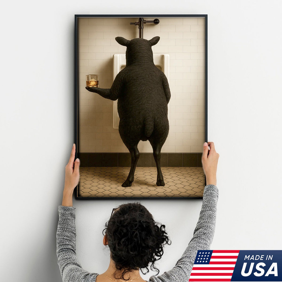 Funny Black Sheep Bathroom Wall Art, Drinking Sheep Humor Canvas Print