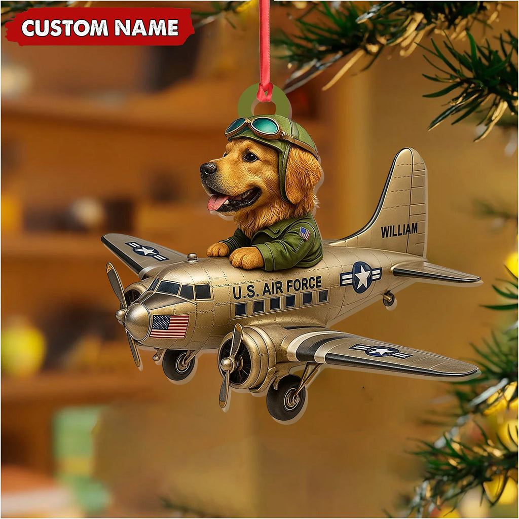 Personalized Dog Pilot Christmas Ornament, Custom Name U.S. Air Force Airplane, Military Dog Lover Tree Decor Gift