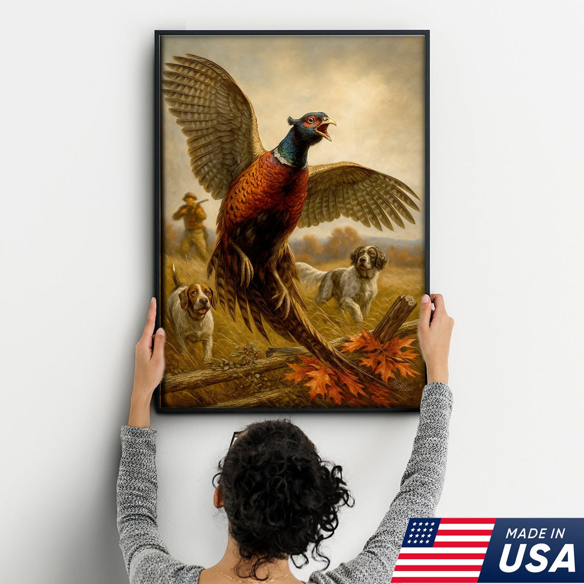 Pheasant Hunting Canvas – Flushing Bird with Pointing Dogs, Cabin & Man Cave Wall Art