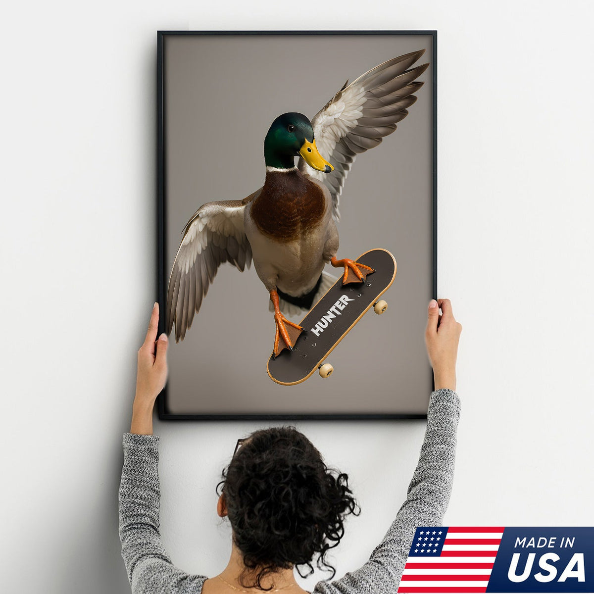 Funny Skater Duck Canvas, Cool Mallard Wall Art, Humorous Bird Lover Decor for Man Cave