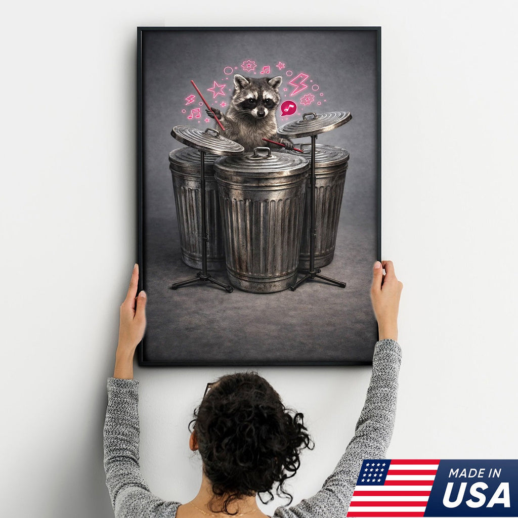 Funny Drummer Raccoon Wall Art Canvas Print, Music Lover Animal Illustration