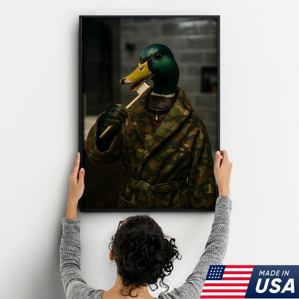 Funny Duck Brushing Teeth Canvas – Bathroom Wall Art for Men, Morning Routine Humor Decor